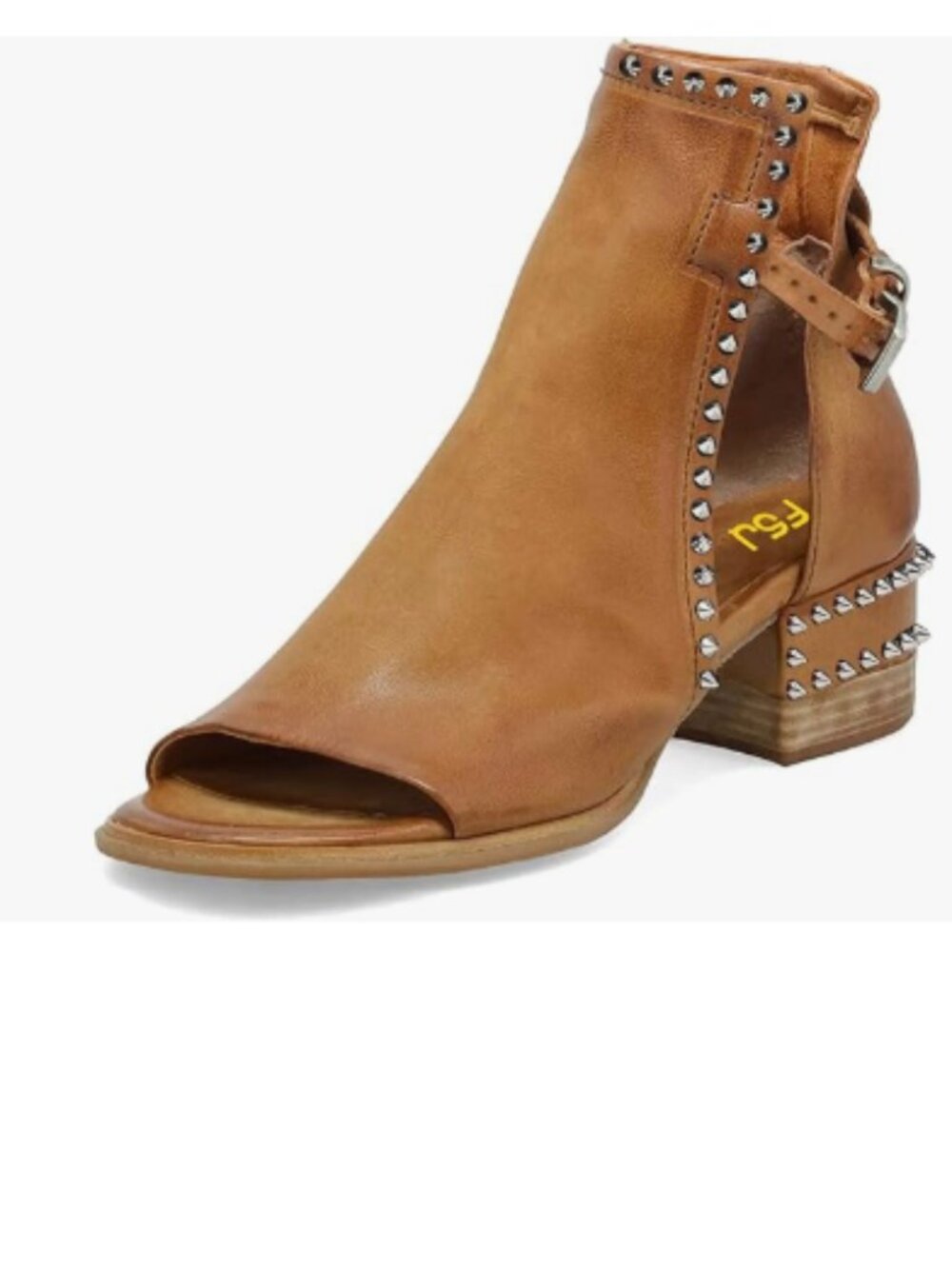 FSJ Brown Rivets Peep Open Toe Cut Out Buckle Ankle Boot Block Low Heel Sandal